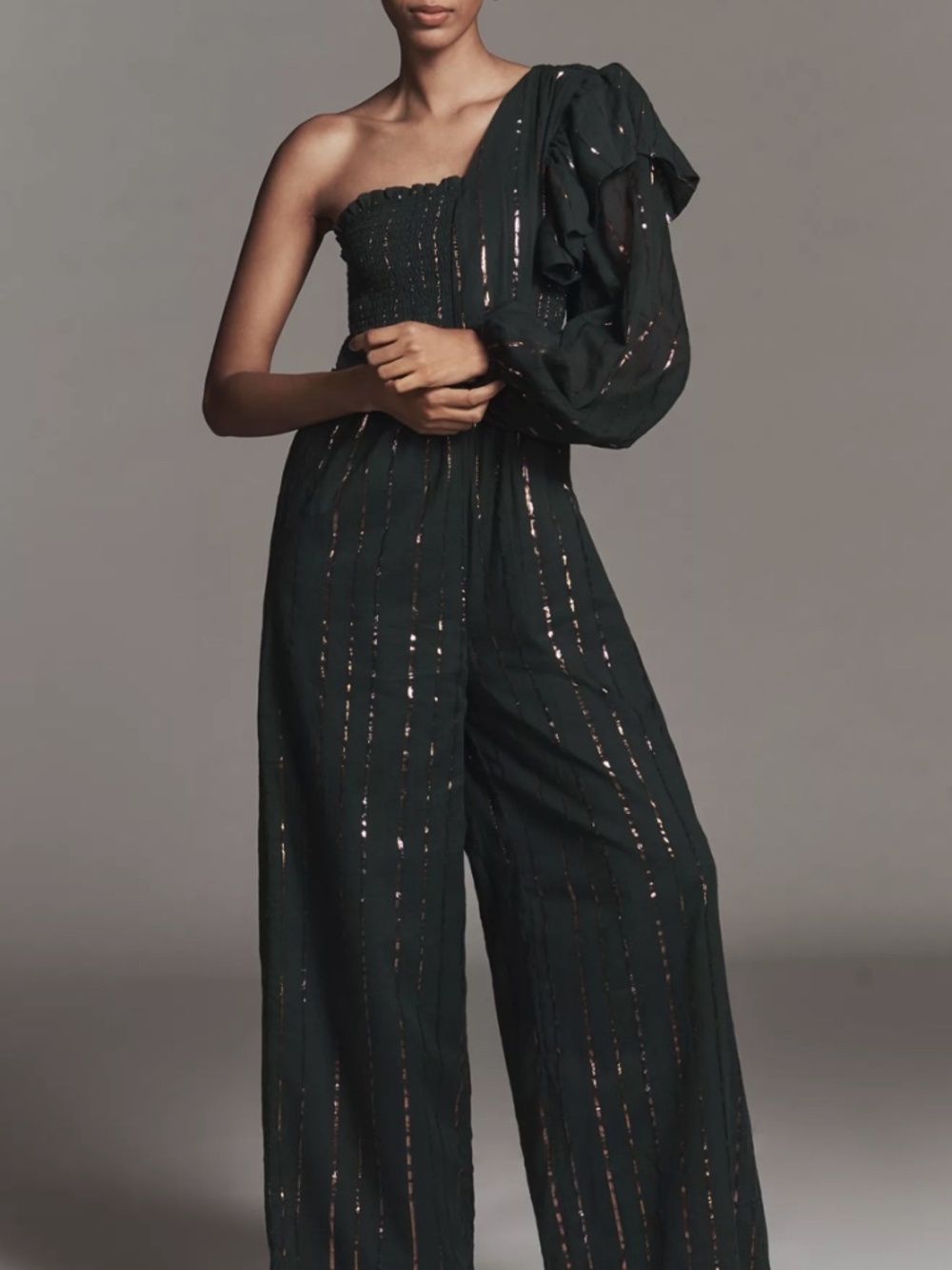 Farm Rio x Anthropologie One-Shoulder Stripe Jumpsuit